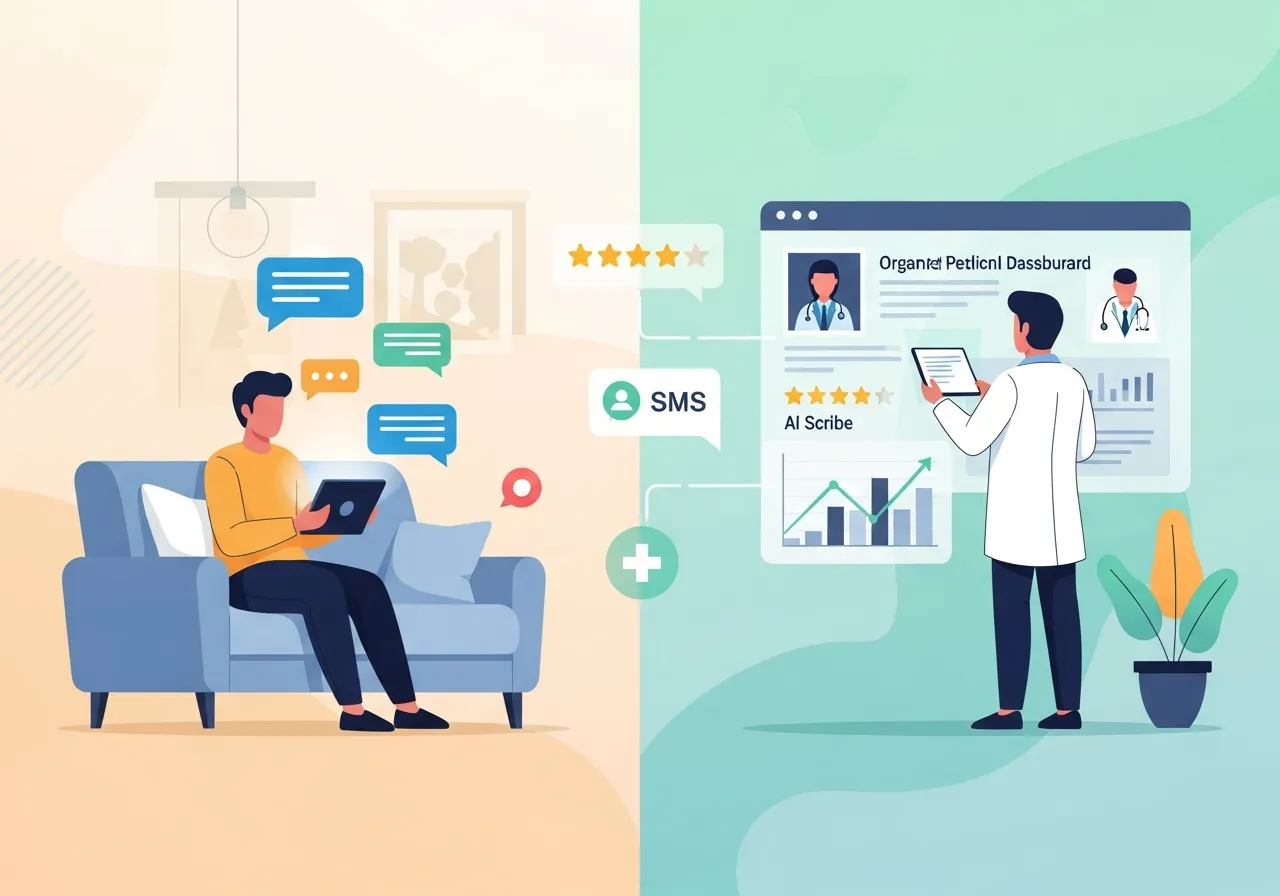 DocRepute patient reputation management dashboard showing 5-star Google reviews and automated feedback loops