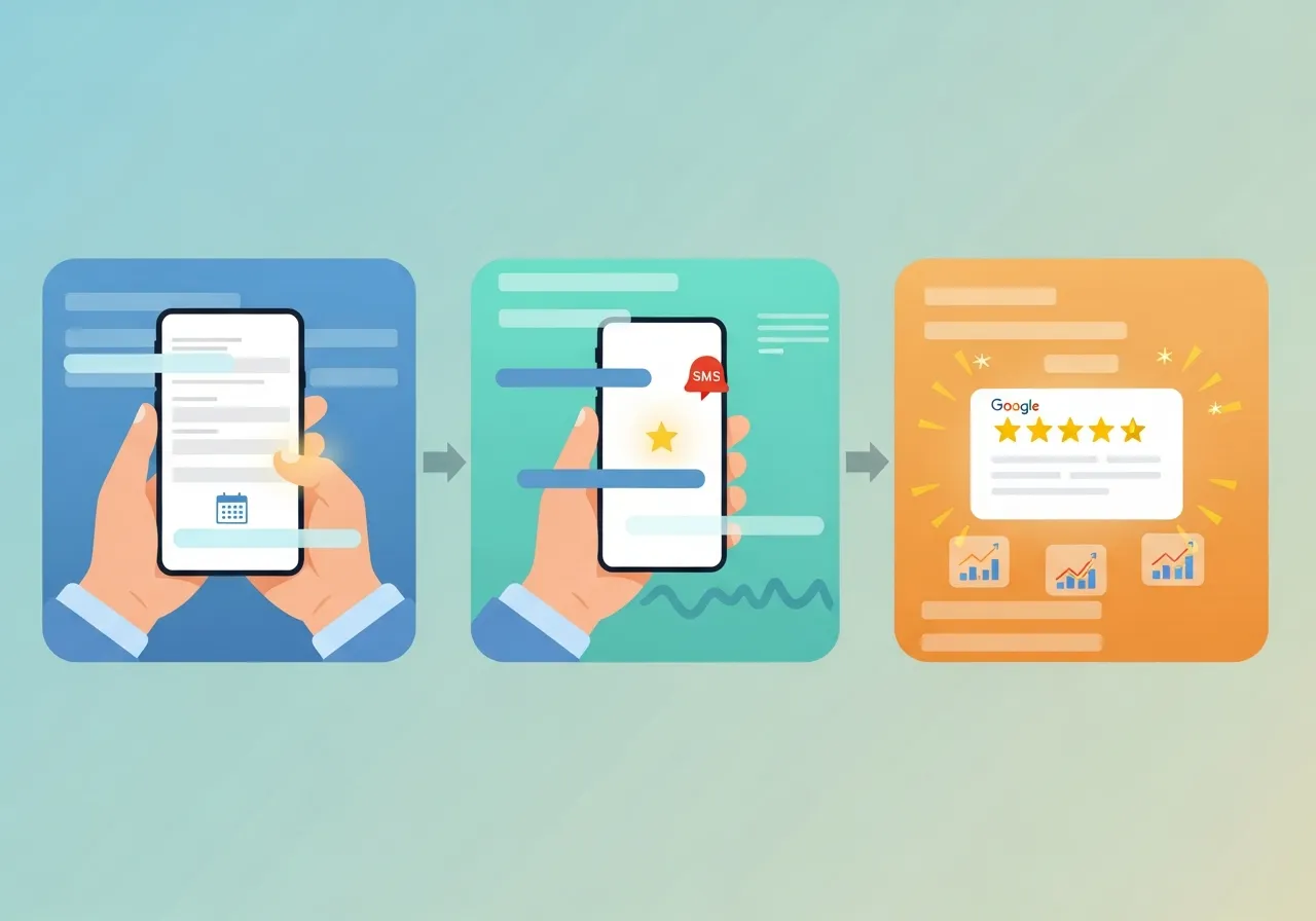 3-step process: Digital Intake forms, Automated Feedback collection via SMS, 5-star Google reviews growth